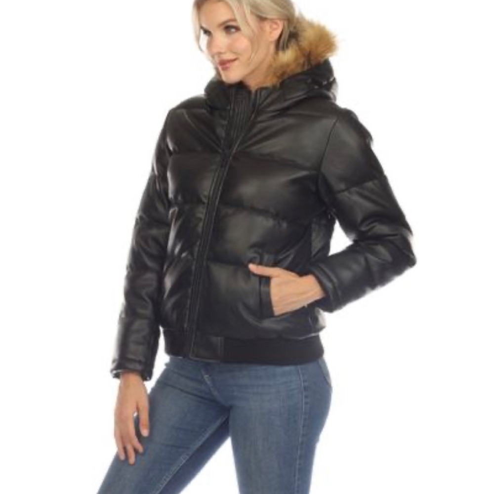 White Mark Faux Leather Bomber Jacket with removable Fur